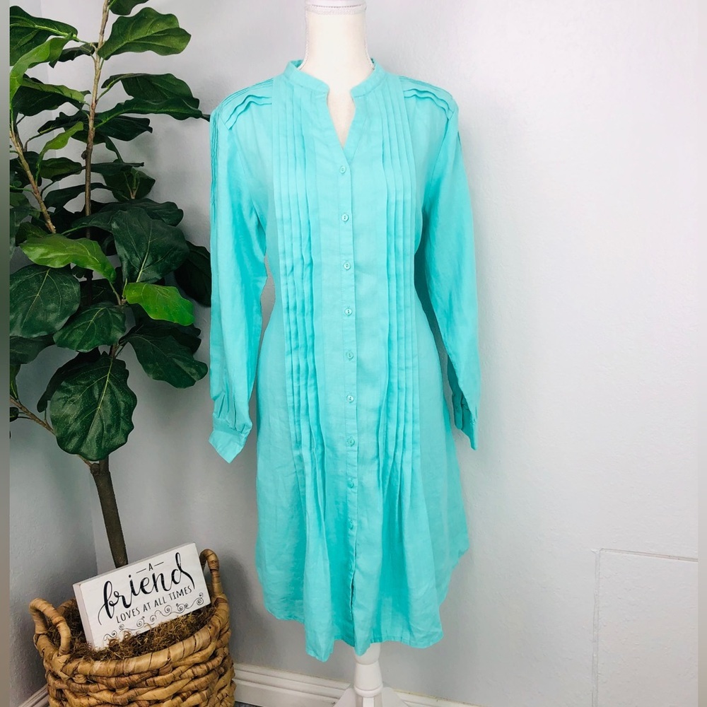 NWT Vantarsi Dress Pintuck Notch Neck Long Sleeve Linen Tunic Dress